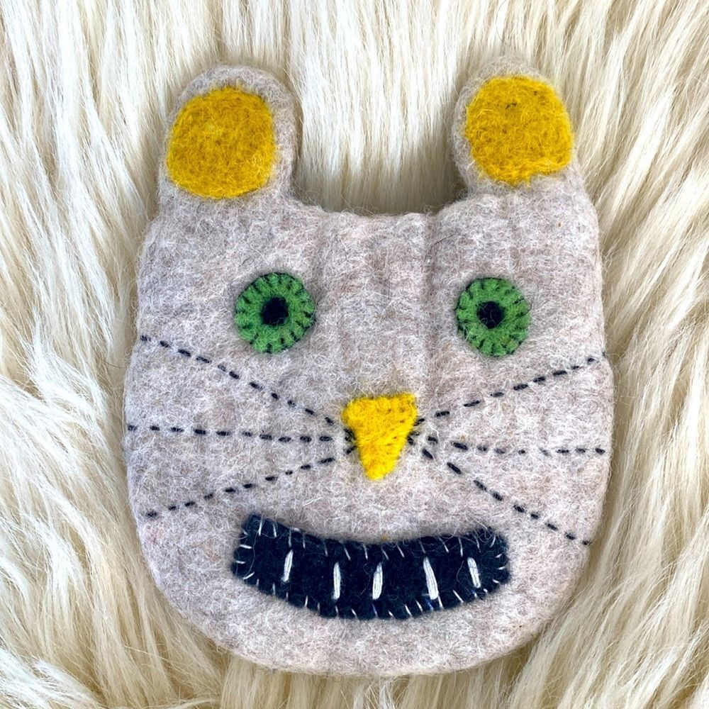 Handmade Cat Face Nepali Handcrafted Wool Felt Wallet - Wool Felt Pouch NWOT